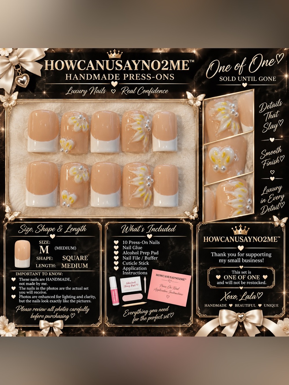 #9 Beige & White Floral Press-On Nails